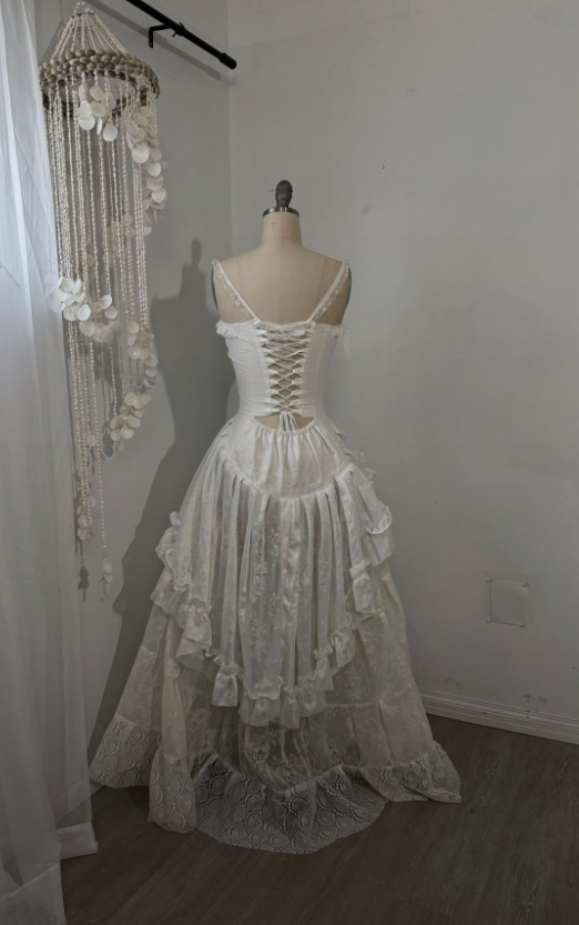 Elegant Ivory  Straps A-Line Lace Long Formal Party Dress Vintage Wedding Dress, DP5190