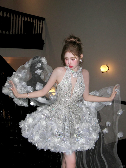 Gorgeous Glittering Silvery Beaded Sequined A-Line Halter Dress Design Party Dress Homecoming Dress DP6250