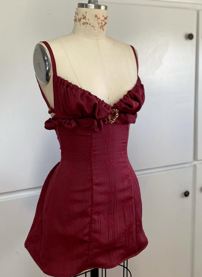 Vintage Burgundy Spaghetti Strap A-line Lace-up Short Party Dresses Homecoming Dresses, DP5786