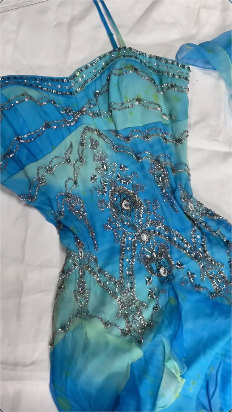 Robe de bal vintage en mousseline de soie bleue, robe de soirée fourreau à volants, robe de fée DP6654