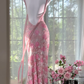 Vintage Pink Lace Applique V-neck Mermaid Prom Dress Evening Dress DP6359