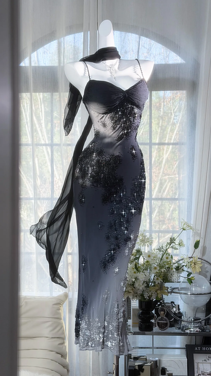 Glamorous Black Beaded Mermaid Prom Gown Spaghetti Strap Ruched Evening Dress DP8128