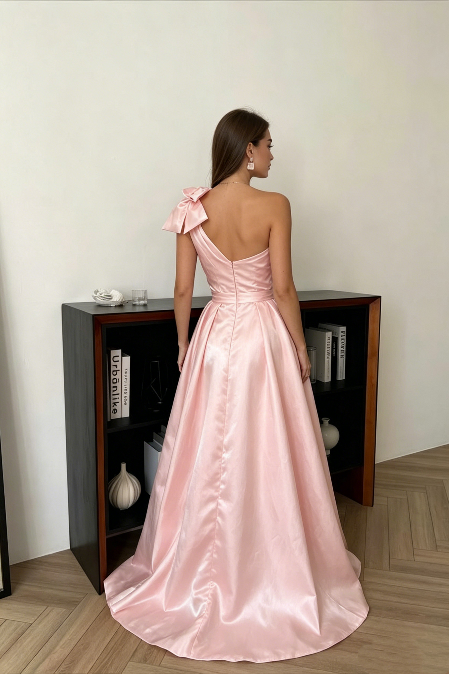 Glamorous Pink One-Shoulder Satin A-Line Evening Gown DP8406