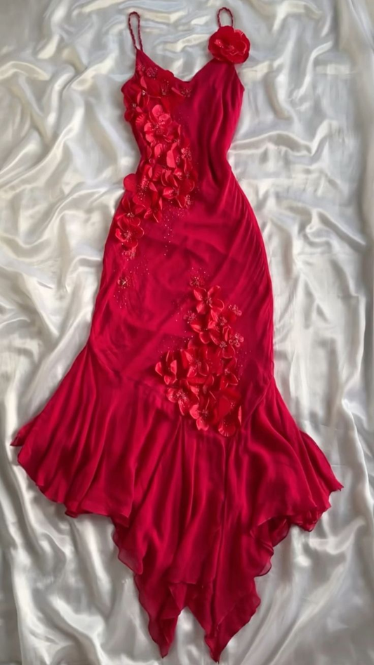 Charming Red Spaghetti Straps Flower Appliques Vintage Evening Dress, DP2511