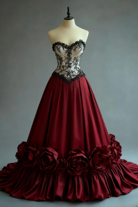 Vintage-Inspired Strapless Burgundy Black Lace Corset 3D Rose Appliques Quinceanera Ball Gown DP7170