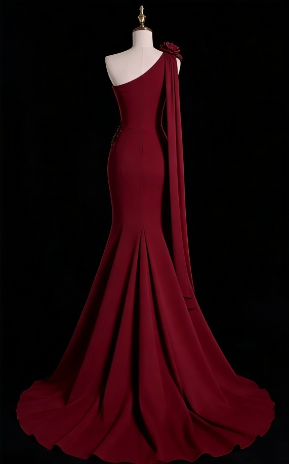 Vintage Burgundy Mermaid Evening Gown One-Shoulder Rose Applique Prom Dress DP7749