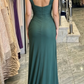 Elegant Emerald Green Ruched Chiffon Sheath Formal Evening Gown DP8473