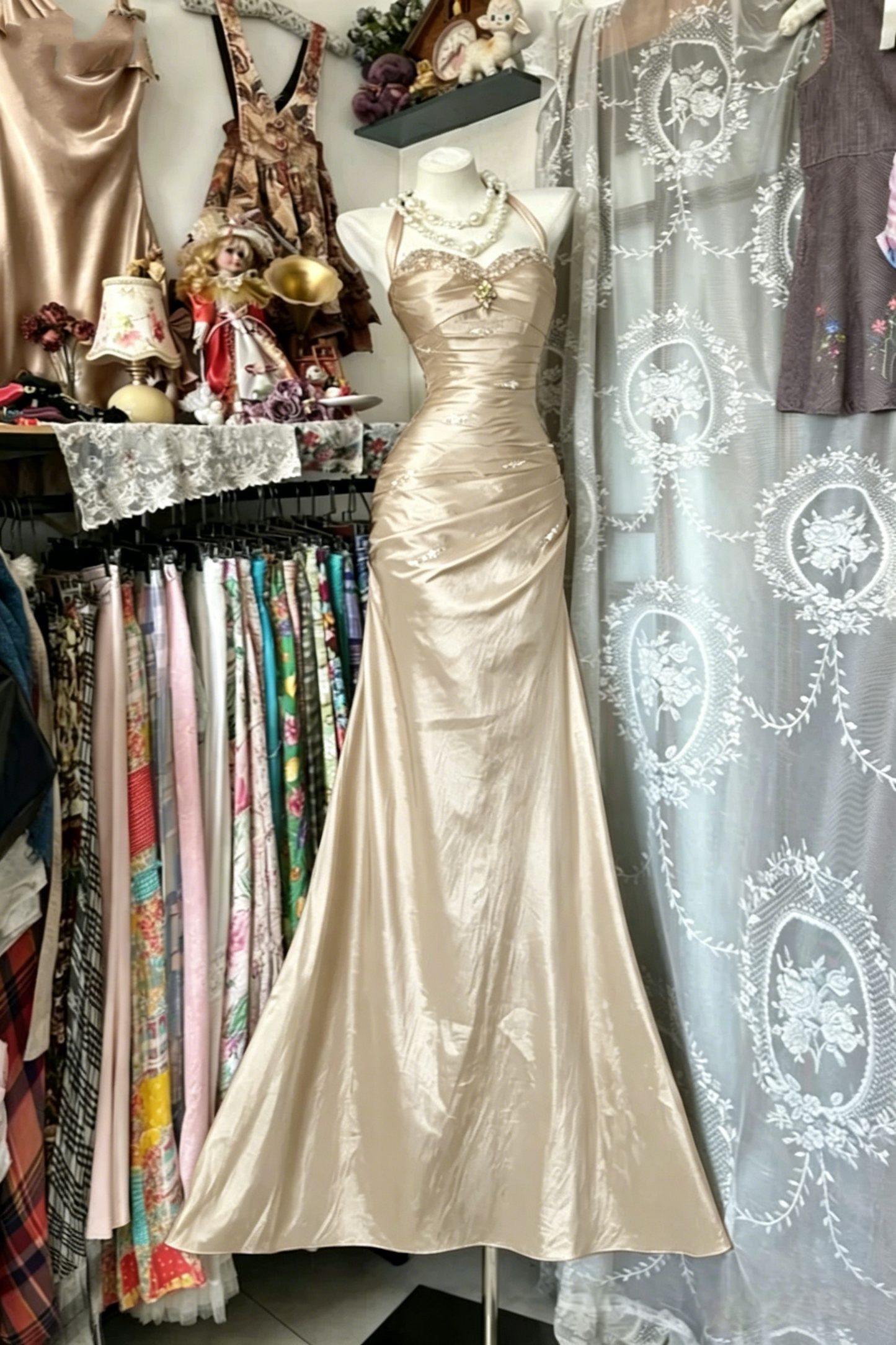 Vintage Satin Halter- Neck Sweetheart Evening Gown Beaded Ruched Mermaid Prom Dress DP7764