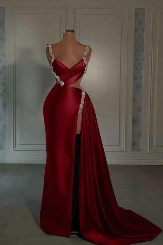 Vintage Sheath Satin Prom Dress Beaded Straps Evening Dress Slit Party Dress Long Formal Dress DP6865