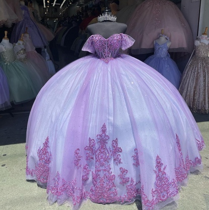 Purple Off Shoulder Beading Appliques Ball Gown Sweet 15 Quinceanera Dress, DP3007