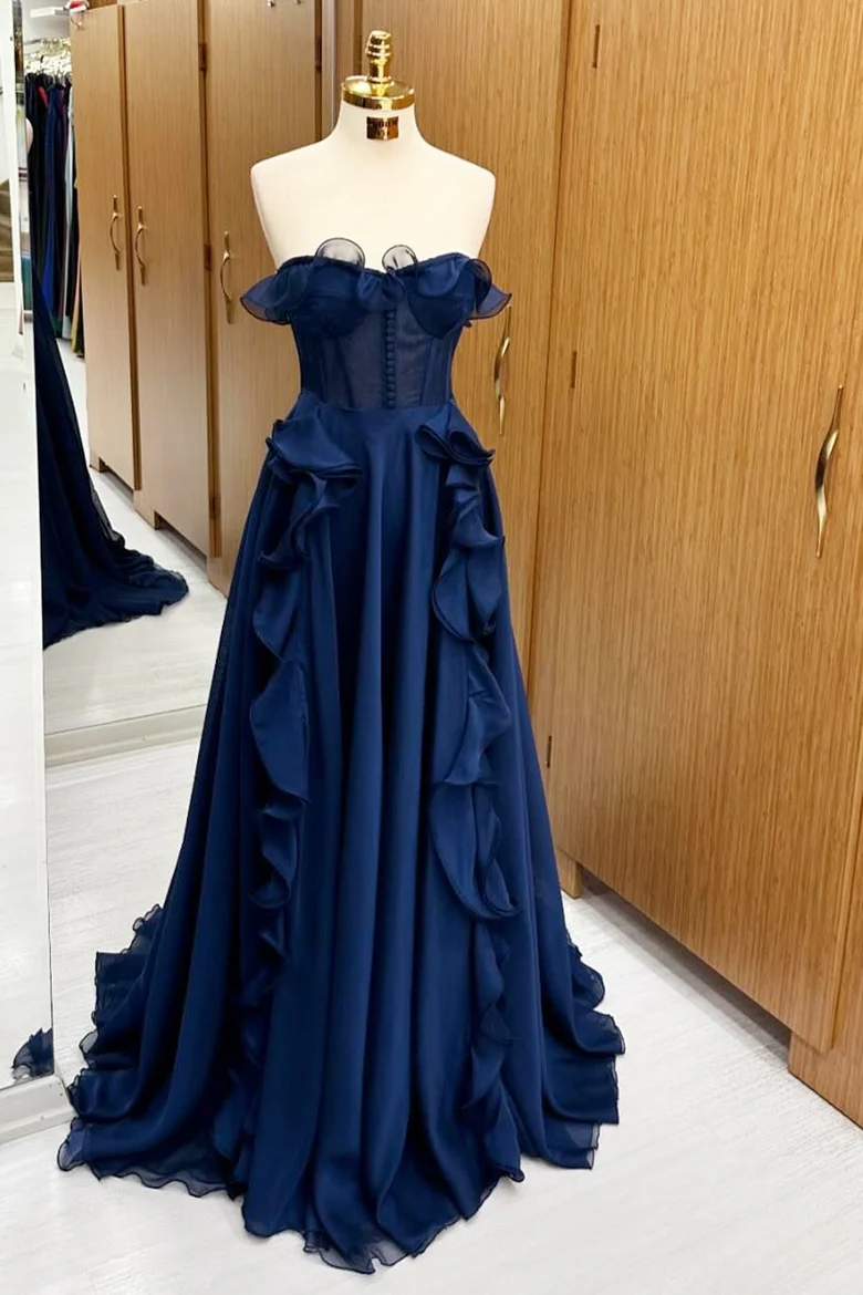 Navy Blue Strapless A-Line Ruffles Formal Long Prom Dress, DP2568 DSProm Navy Blue Strapless A-Line Ruffles Formal Long Prom Dress, DP2568 DSProm