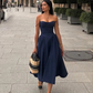 Navy Blue Strappy A-Line Midi Length Formal Party Dress Cocktail Dress, DP3205