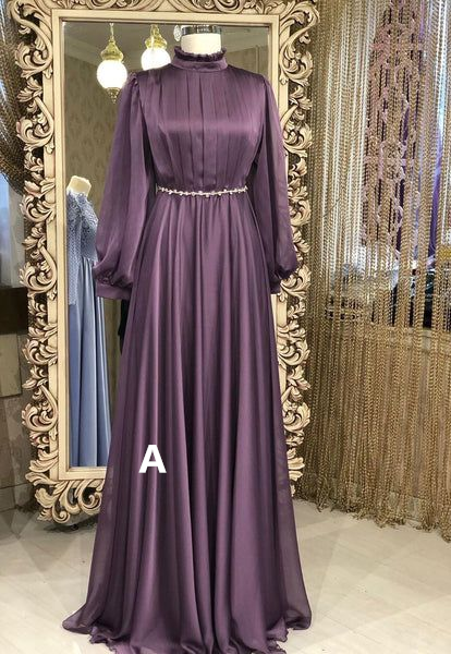 Modest High Neck Long Sleeves A-Line Chiffon Formal Party Dress, DP3686