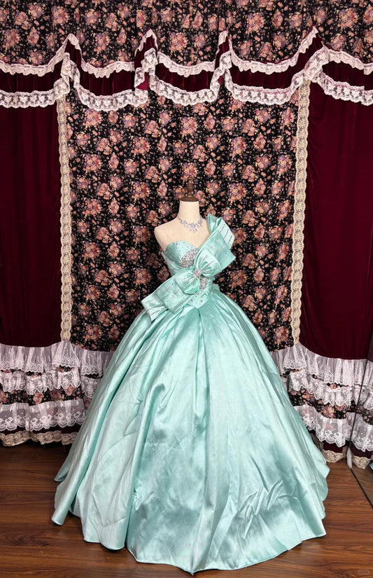 Retro Tiffany Blau One-Shoulder Perlen Sweet 16 Quinceanera A-Linie Abendkleid Ballkleid DP6291