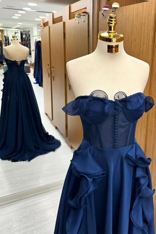 Navy Blue Strapless A-Line Ruffles Formal Long Prom Dress, DP2568