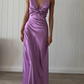 Elegant Purple V Neck Open Back Sheath Satin Long Prom Dress, DP3533