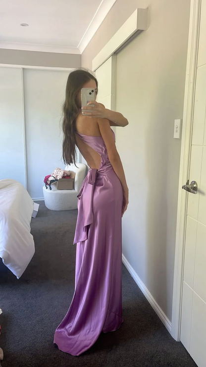 Elegant Purple V Neck Open Back Sheath Satin Long Prom Dress, DP3533