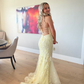 Light Yellow Tulle Appliques Mermaid Long Prom Gown Graduation Dress, DP3551