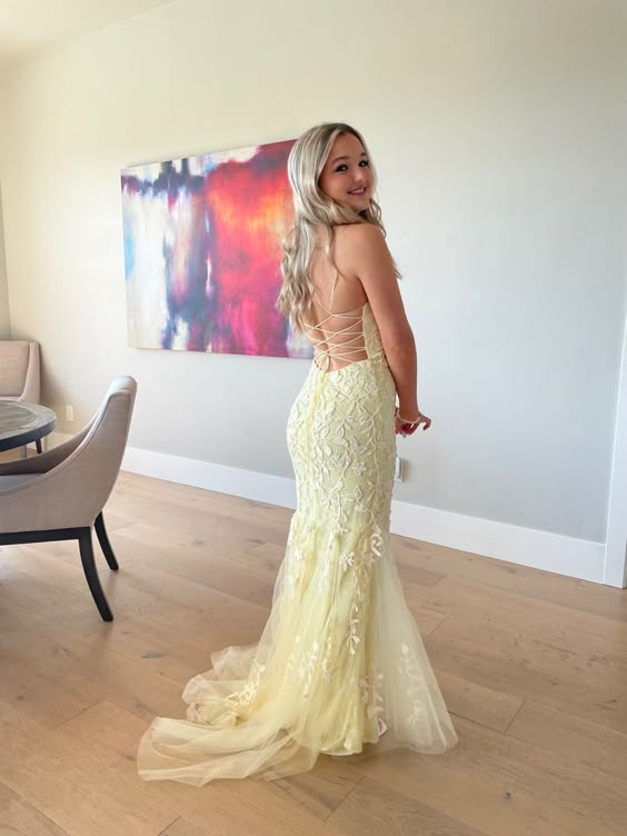 Light Yellow Tulle Appliques Mermaid Long Prom Gown Graduation Dress, DP3551