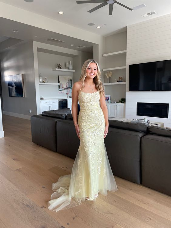 Light Yellow Tulle Appliques Mermaid Long Prom Gown Graduation Dress, DP3551