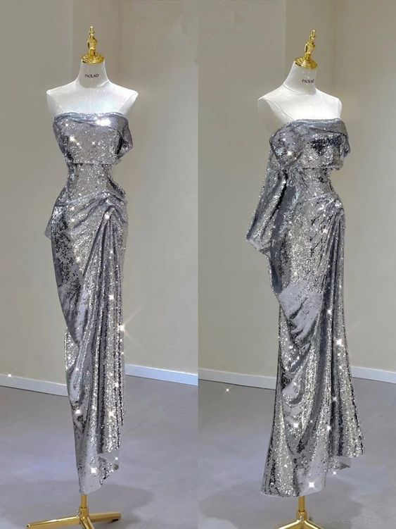 Glitter Silver Strapless Sequins Sheath Long Evening Party Dress, DP3789