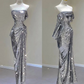 Glitter Silver Strapless Sequins Sheath Long Evening Party Dress, DP3789