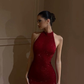 Sparkly Burgundy Halter Neck Mermaid Sleeveless Backless Glitter Long Evening Dress DP2922