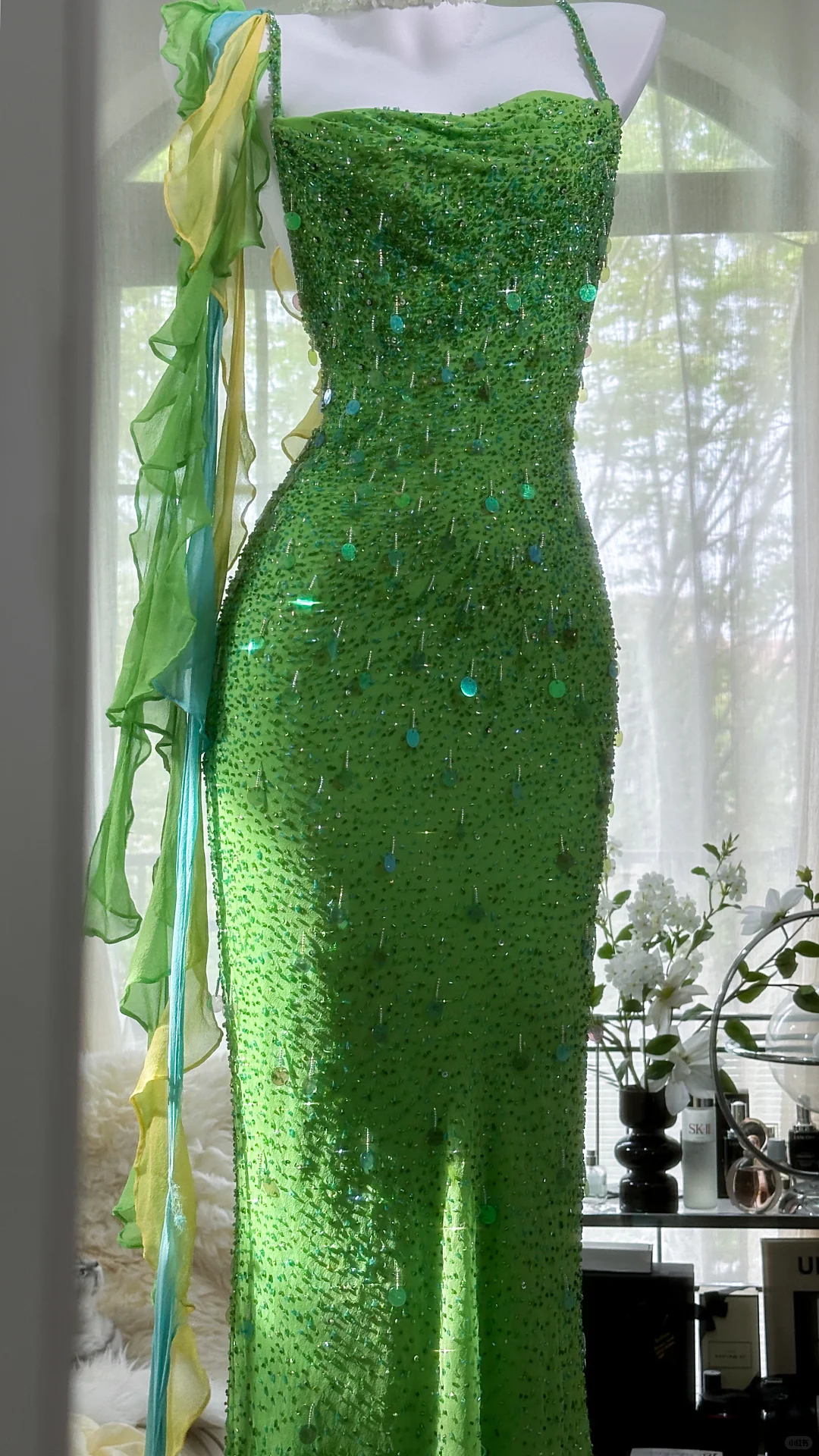Vintage Shiny Sequin Green Spaghetti Strap Design A-line Romantic Chiffon Evening Dress Prom Dress DP6026
