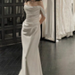 White Satin Pleats Straps Wedding Dress Elegant Party Dress, DP2827