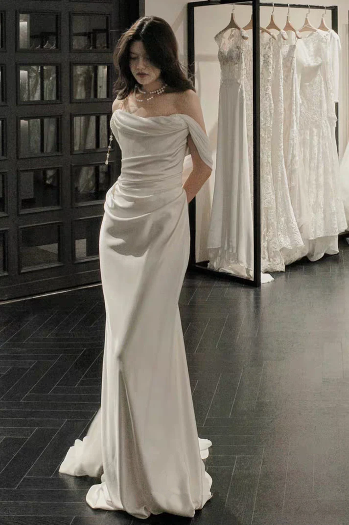 White Satin Pleats Straps Wedding Dress Elegant Party Dress, DP2827