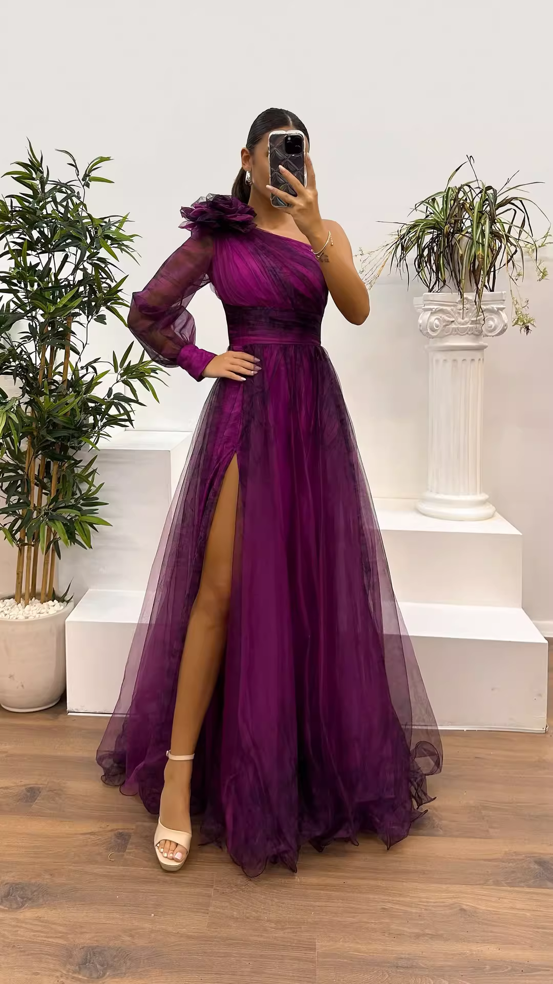 Enchanting Tulle One-Shoulder Gown 3D Floral Applique A-Line Evening Dress DP8109
