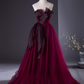 Chic Burgundy Tulle Prom Dress A-Line Evening Gown Strapless Party Dress Long Formal Dress DP6924