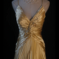 Glamorous Gold Satin Spaghetti Strap Ruched Bodice V-Neck Formal Evening Gown DP7370