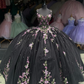 Black Floral Appliques Tulle Quncenera Dress Sweet 16 Ball Gown, DP3350