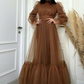 Brown Tulle Long Sleeves A-Line Formal Party Dress, DP3687