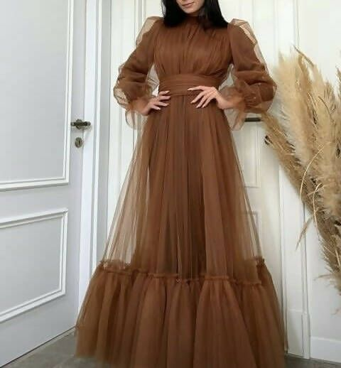 Brown Tulle Long Sleeves A-Line Formal Party Dress, DP3687