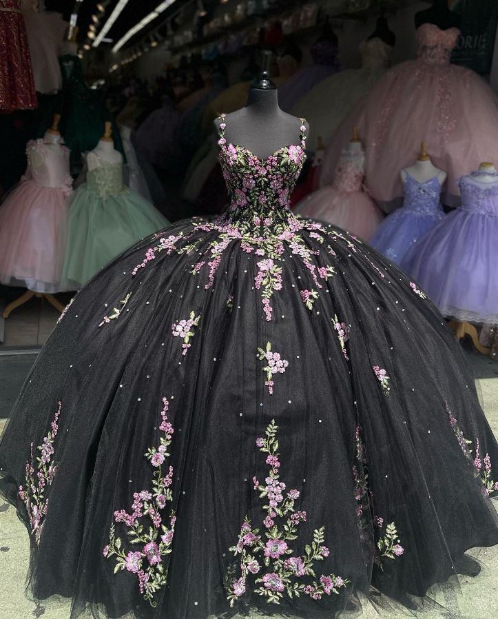 Black Straps Floral Appliques Ball Gown Sweet 15 Quinceanera Dress, DP3008