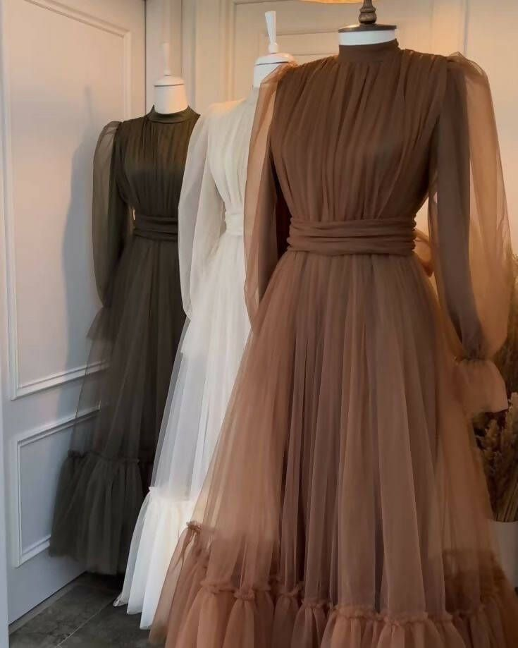 Brown Tulle Long Sleeves A-Line Formal Party Dress, DP3687