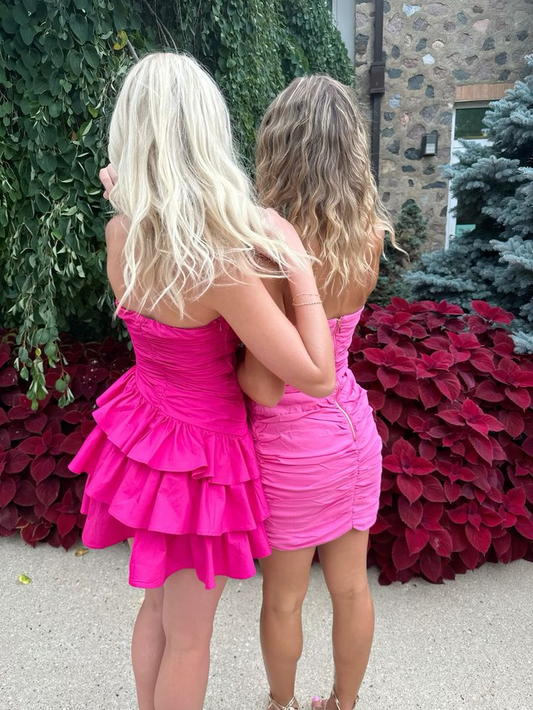 Hot Pink Strapless A-Line Ruffles Short Homecoming Dress, DP2763