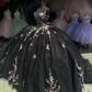 Black Straps Floral Appliques Ball Gown Sweet 15 Quinceanera Dress, DP3008