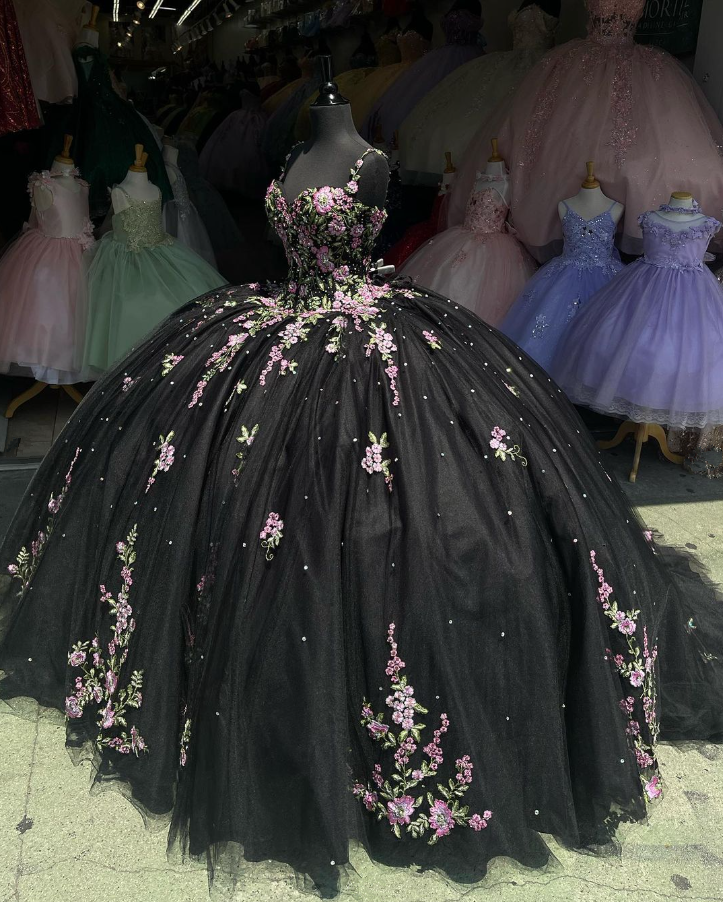 Black Straps Floral Appliques Ball Gown Sweet 15 Quinceanera Dress, DP3008