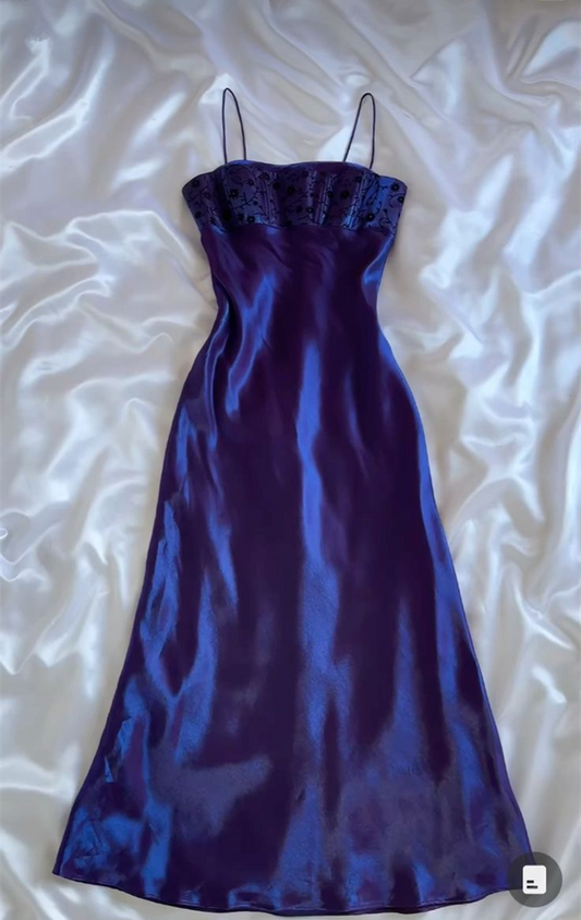 Dark Purple Spaghetti Straps Sheath Satin Vintage Long Prom Dress DP3889