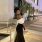 Black and White Off Shoulder Straps Mermaid Long Prom Dress, DP3599