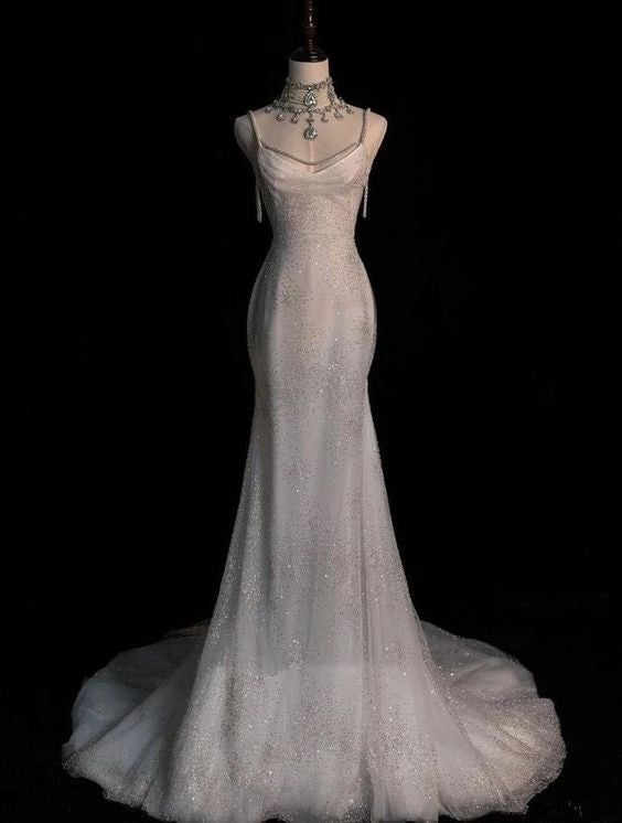 sparkling white dress Vintage Sparkling White Mermaid Glitter Tulle Spaghetti Strap Train We – DSProm