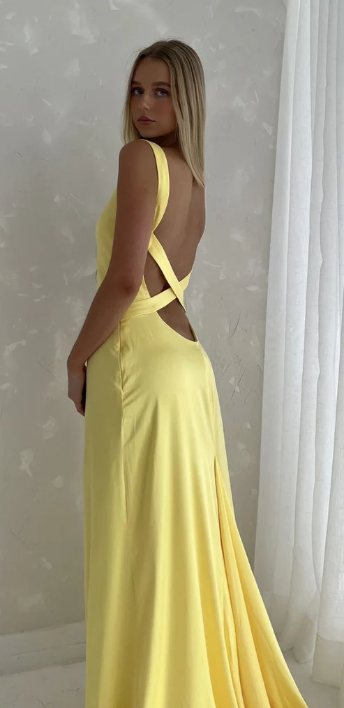 Yellow V neck Backless Mermaid Sexy Long Prom Dress, DP3637