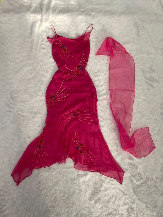 Fuchsia Spaghetti Straps Chiffon Vintage Beading Party Dress, DP2512