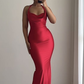 Sexy Red Halter Mermaid Satin Long Formal Party Dress, DP3760