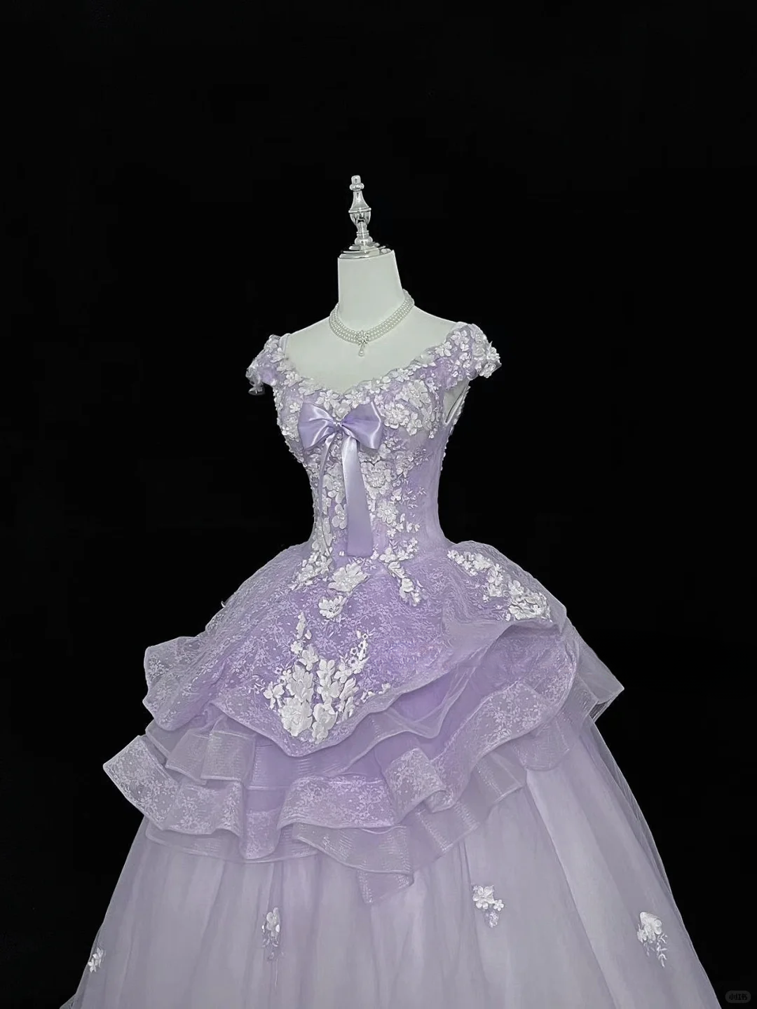 Chic Lavender Off-the-Shoulder 3D Floral Applique Bow Sweet 16 Quinceanera Ball Gown DP7369