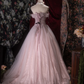Pink Off-the-Shoulder Beaded Tulle Prom Dress Floral Quinceanera Ball Gown DP8349