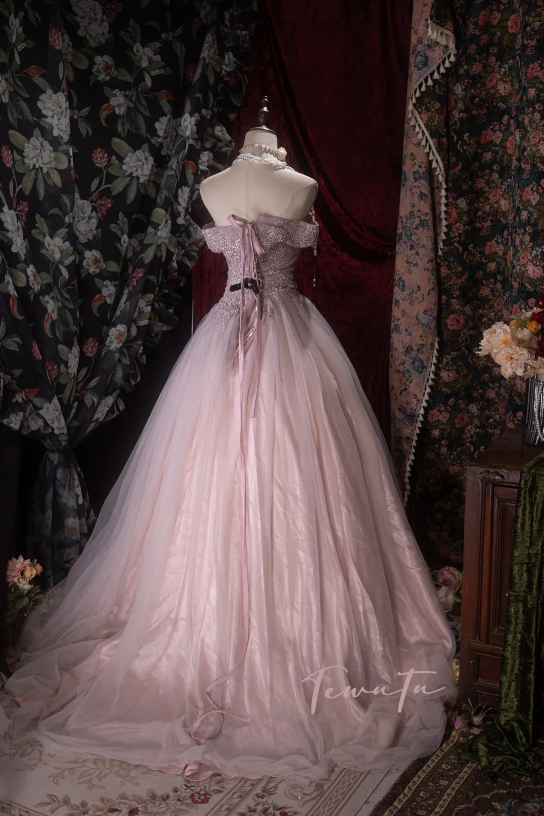 Pink Off-the-Shoulder Beaded Tulle Prom Dress Floral Quinceanera Ball Gown DP8349